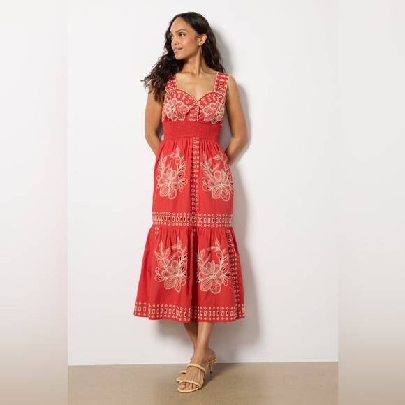 fawn embroidered eyelet midi dress Lola P Eyelet Embroidered V Neck Midi Dress. Fall Clearance! – D. Lynne's  Boutique main image 1